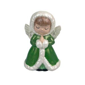 Vintage Hand Painted Ceramic Winter Christmas Praying Angel Green White Cute
